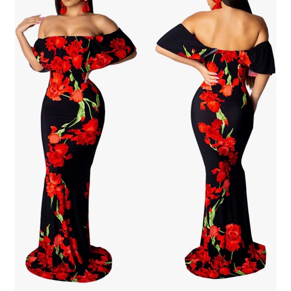 Black Red Floral Off Shoulder Bodycon Mermaid Maxi Dress XL Formal Romantic